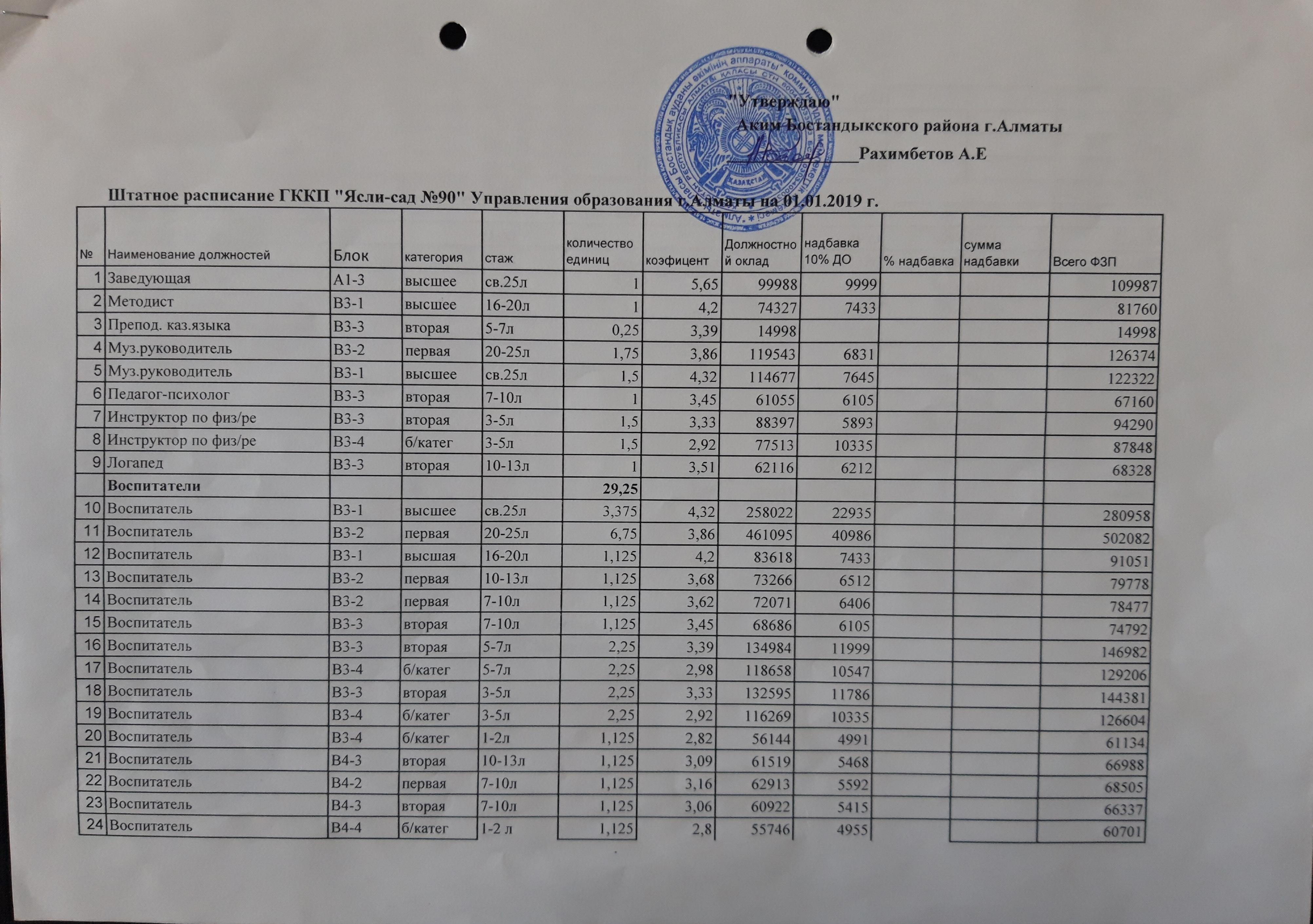 Штатное расписание 2019г