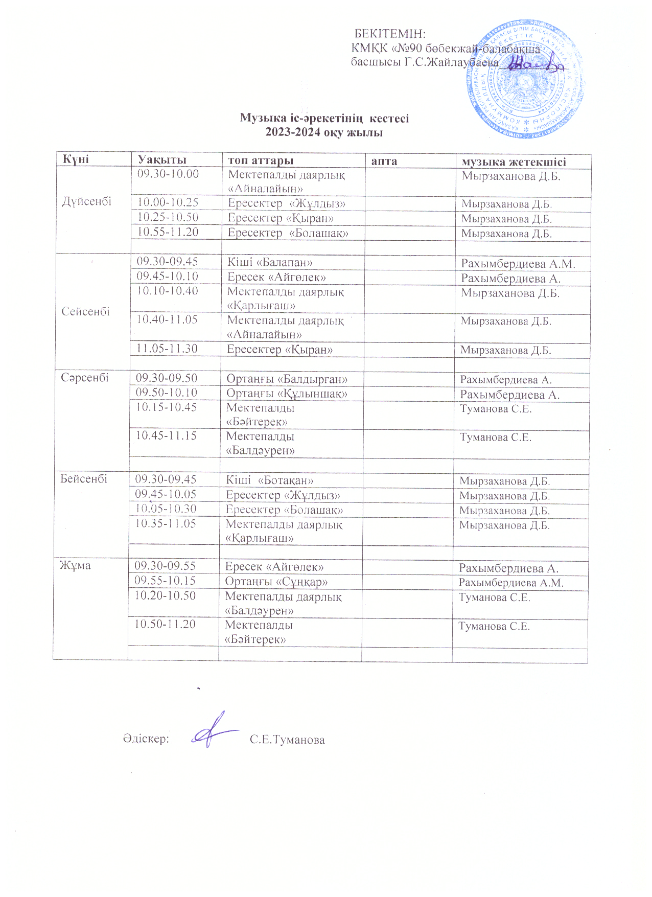 Музыка іс-әрекетінің кестесі 2023-2024 оқу жылы