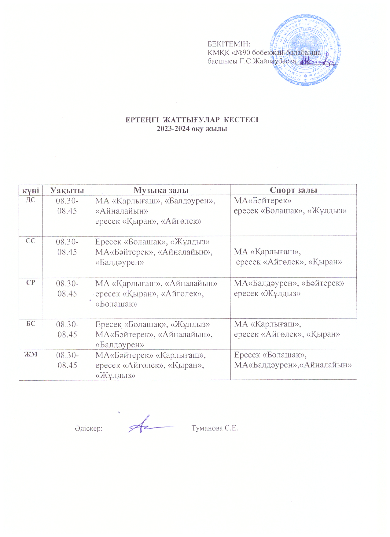 Ертеңгі жаттығулар кестесі 2023-2024 оқу жылы