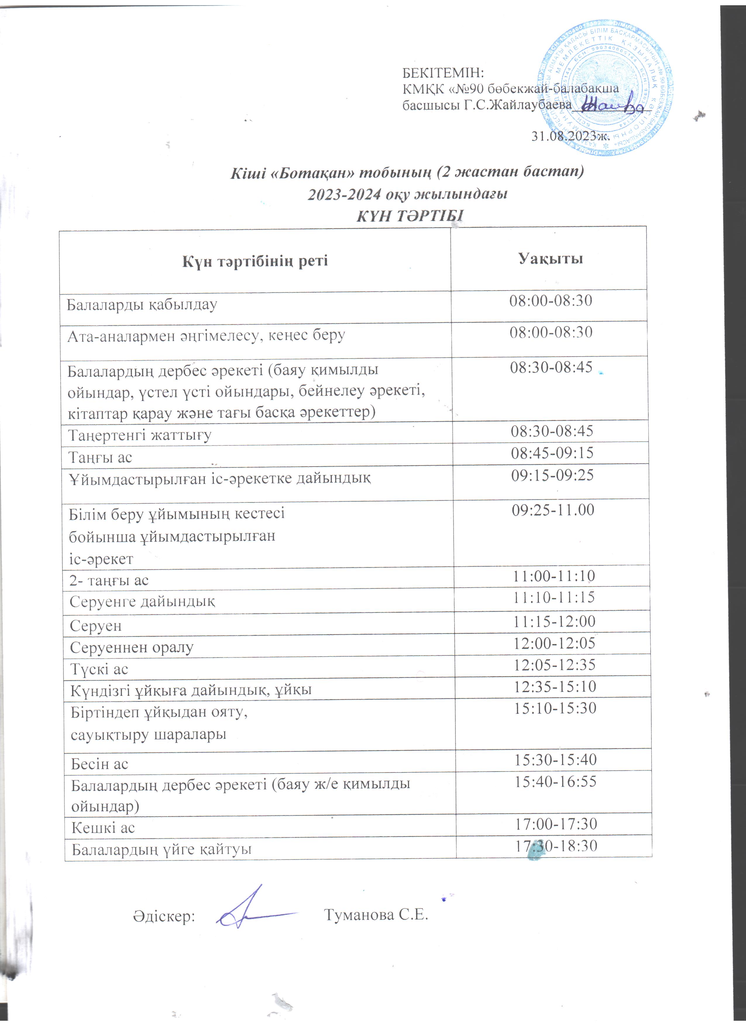 Кіші "Ботақан,Балапан" тобының (2жастан бастап) 2023-2024 оқу жылындағы КҮН ТӘРТІБІ