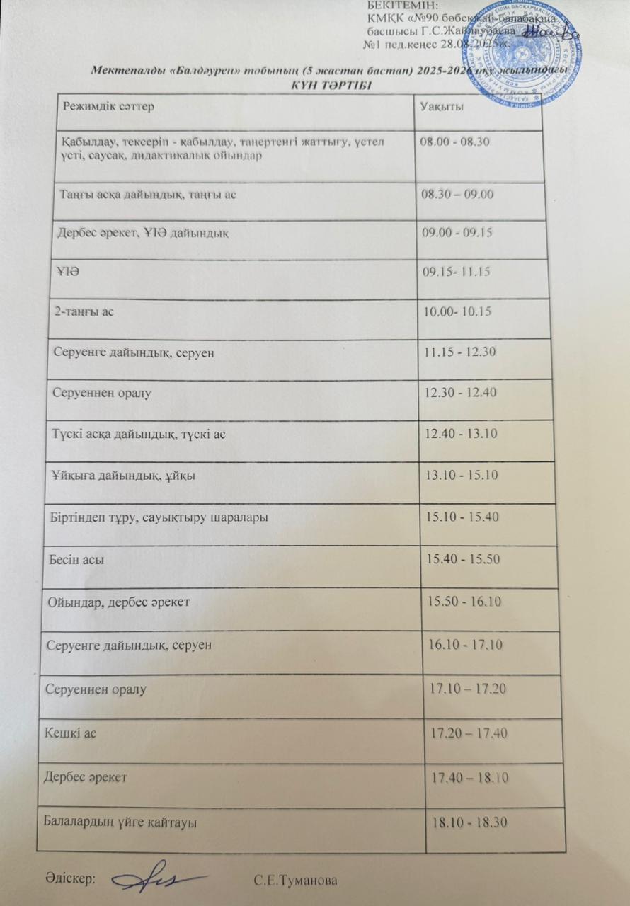 Мектепалды топтарының "Күн тәртібі"